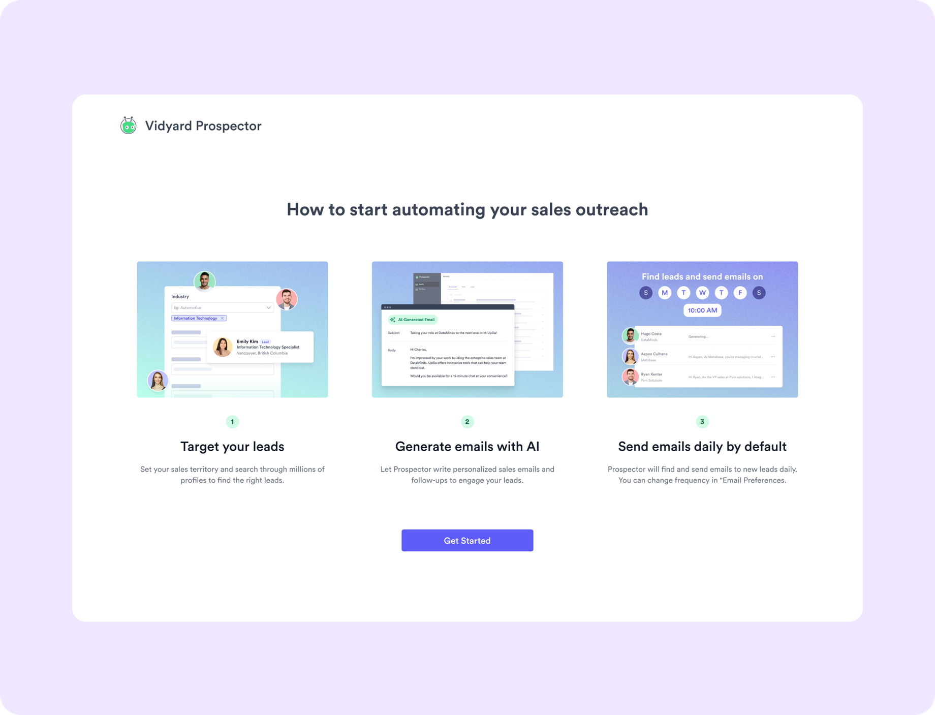 The onboarding tour that walks a new user in — target leads, generate emails, send daily
